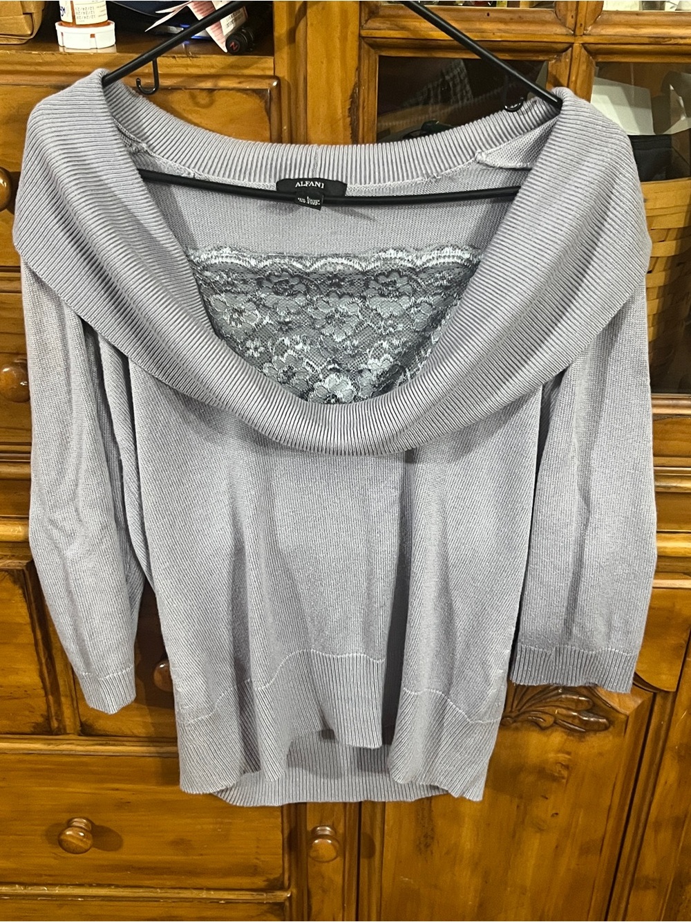 Alfani Light Gray Lace-Trim Cowl Neck Knit Sweater